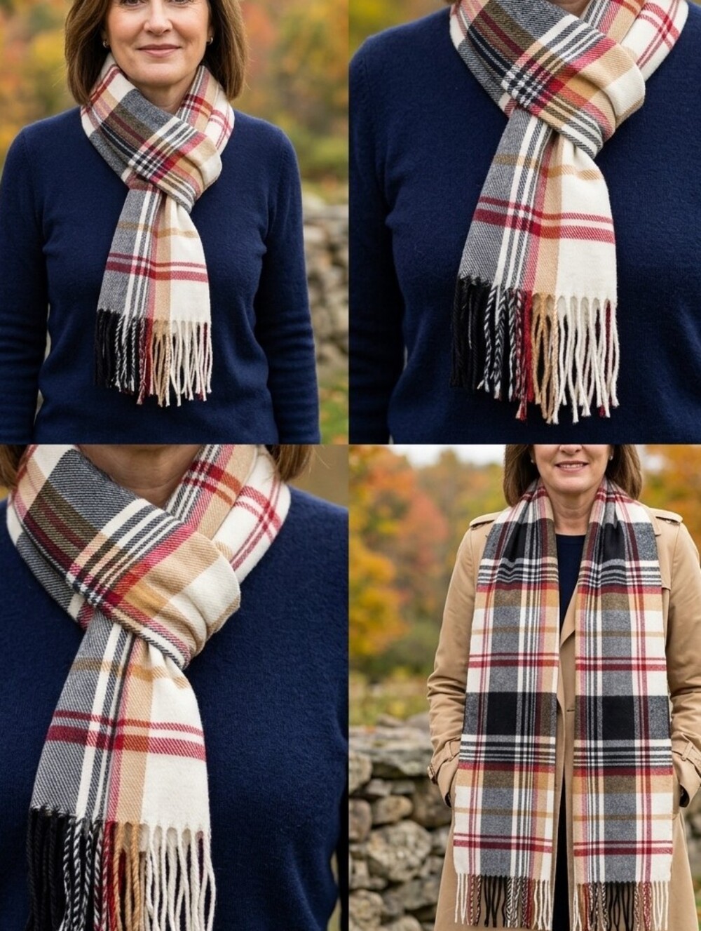 croft & barrow Plaid Fringe Scarf in Cream, Black, Red & Tan • Size OS